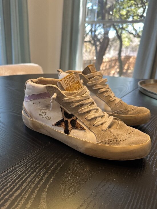 Golden Goose Shoes - Golden Goose Mid Star sneakers in classic white leather with leopard-print star